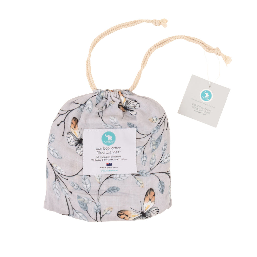 All4Ella | Cot Sheet Bamboo Cotton - Butterfly