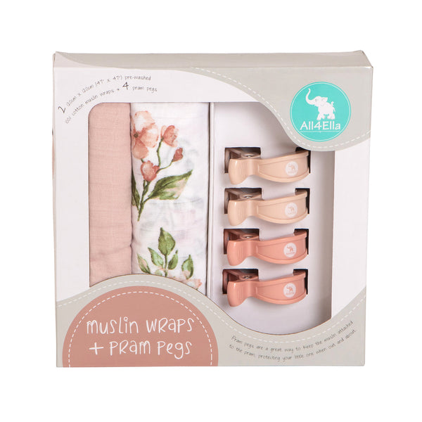 All4ella 2 Pack Wraps & 4 Pegs - Pink Flower & Salmon