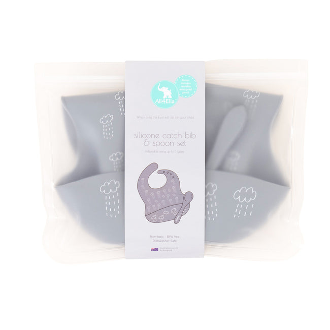 All4Ella | Silicone Bib & Spoon with reusable pouch - Grey